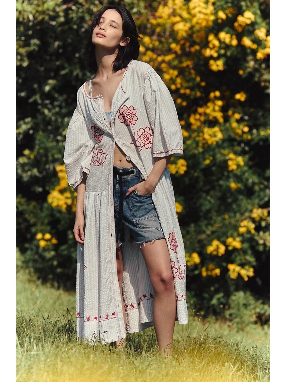 Free People Embroidered Cottage Bohemian Seersucker Saugatuck Midi Dress XL